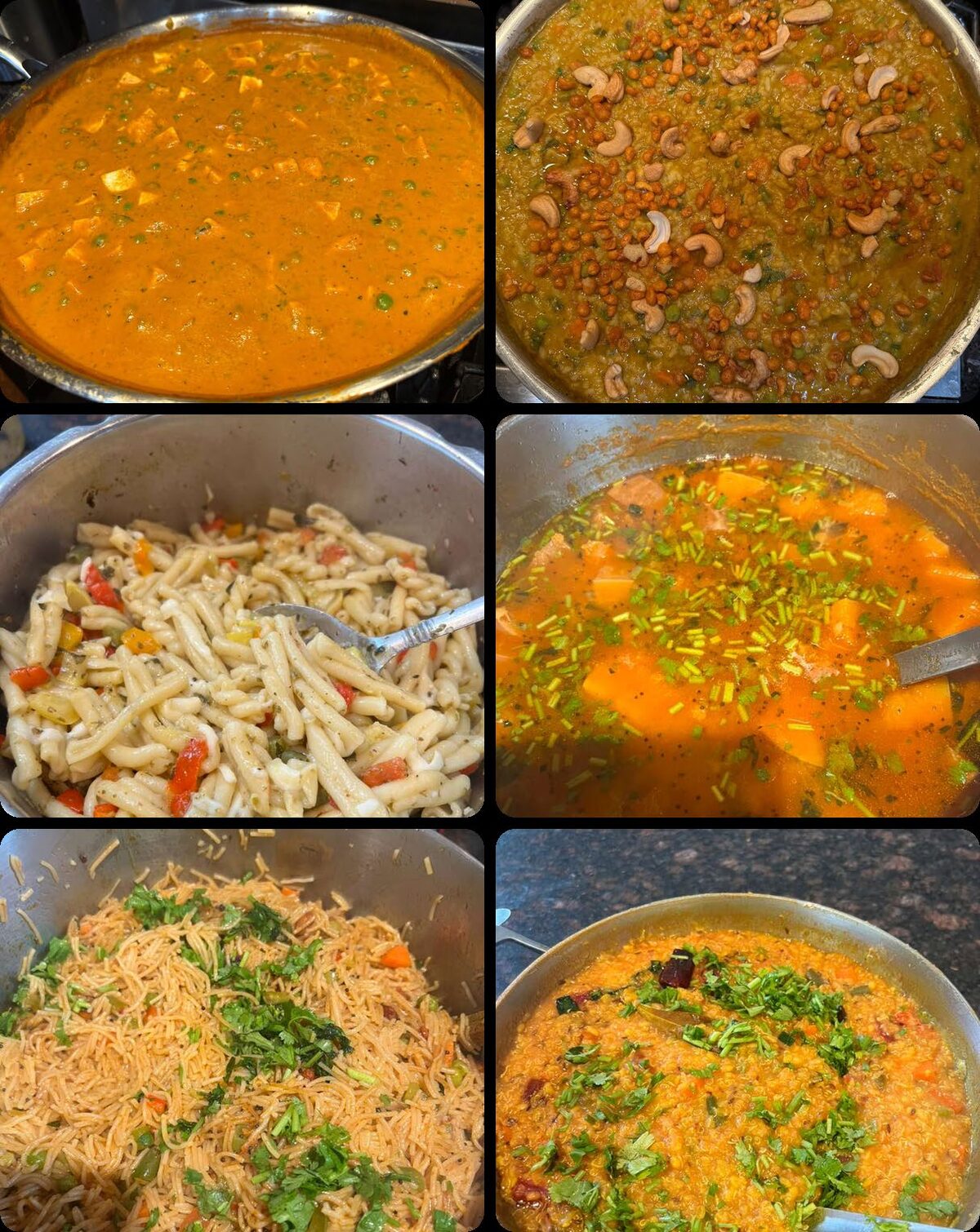 Dishes cooked by BotKitchen, including curries, pasta and rice preparations