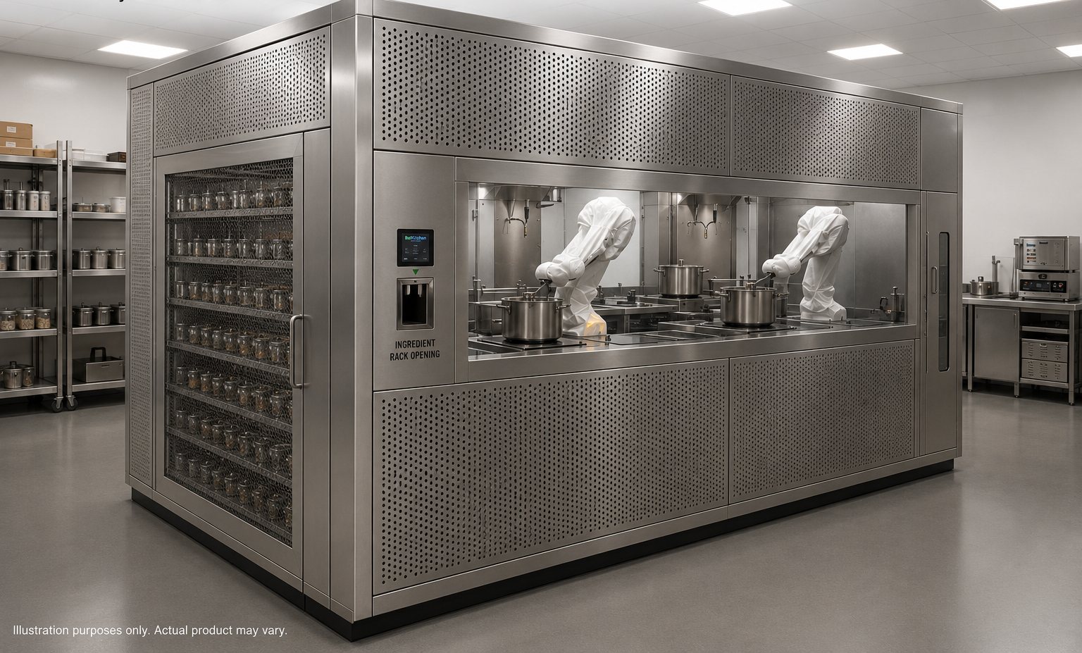 A BotKitchen unit installed in a commercial kitchen: a stainless-steel enclosure with a glass-fronted ingredient rack and two robot arms cooking in pots on induction stoves