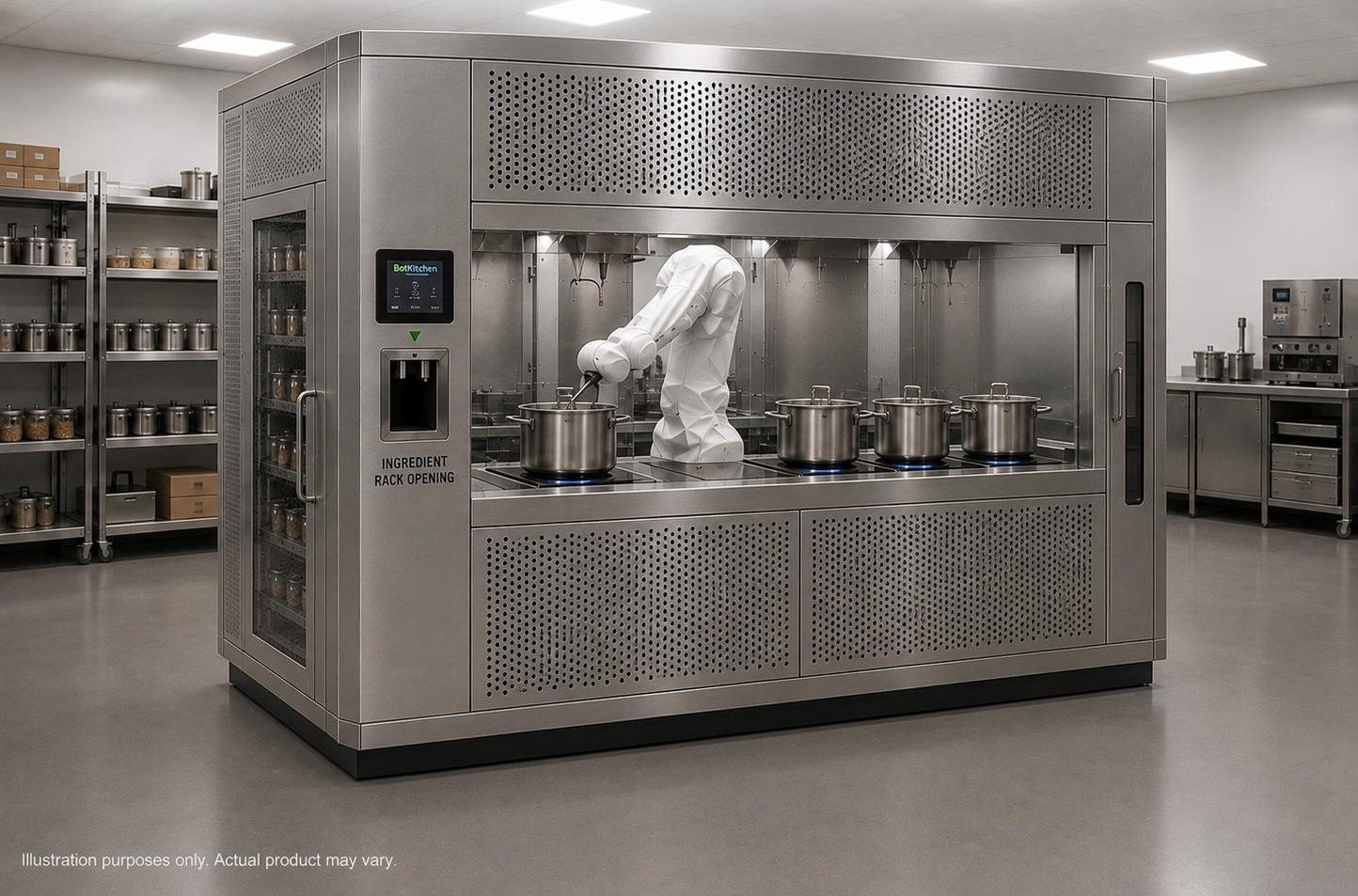 A BotKitchen XS unit in a commercial kitchen: a stainless-steel enclosure with a glass-fronted ingredient rack and a robot arm tending pots on induction stoves